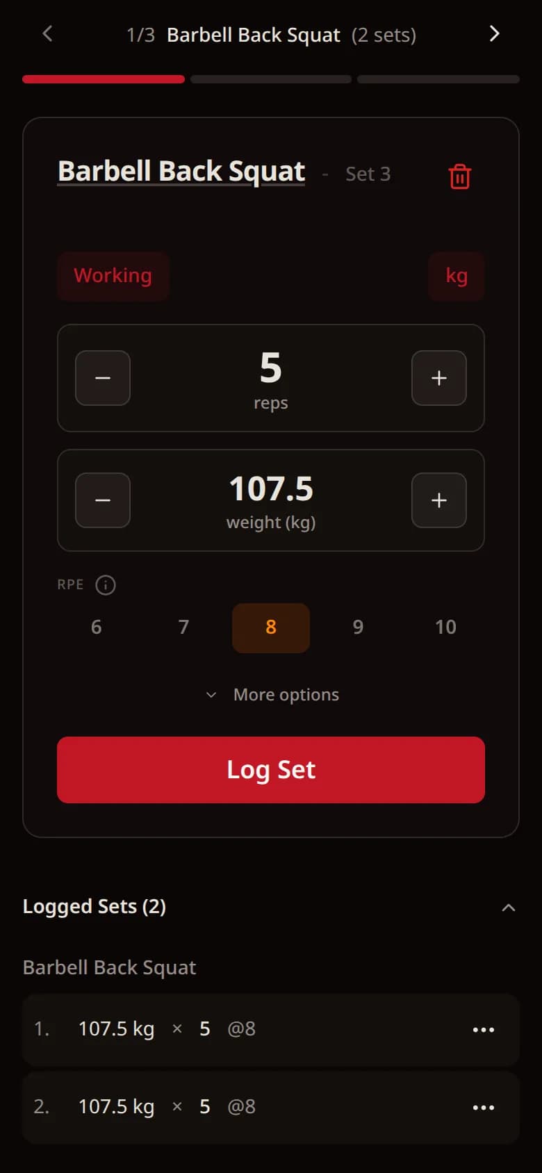 Live session screen in Eskeno: third back squat set at 107.5 kg for 5 reps, RPE 8, with two sets already logged.