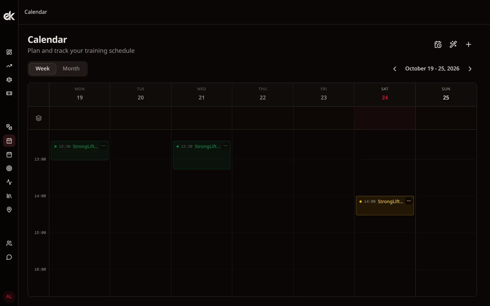 Weekly calendar in Eskeno: StrongLifts 5x5 sessions done on Monday and Wednesday, Workout B scheduled today at 14:00.